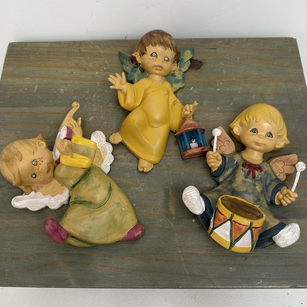 Vintage Fontanini Angel Cherub Set Of 3 Wall Plaque Drummer Baby Italy Resin